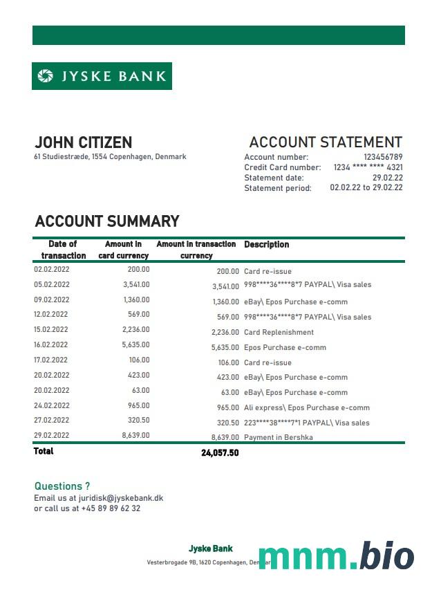 Wyciąg bankowy Dania Danskebank łatwy do wypełnienia szablon w formacie Excel i PDF